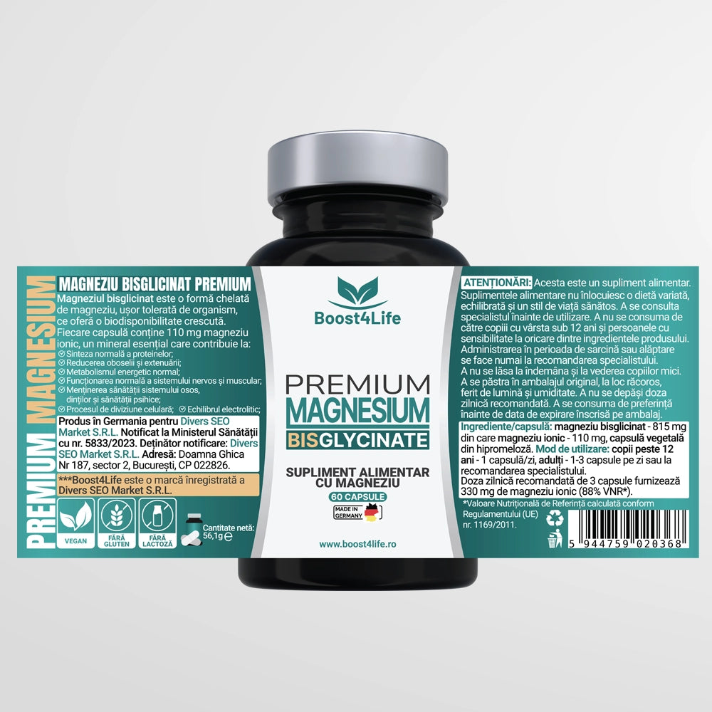 Magneziu Bisglicinat Premium, 60 capsule vegane